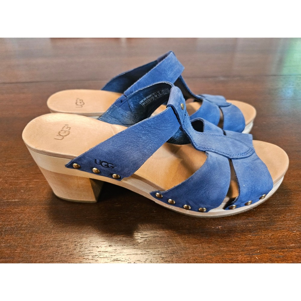 UGG Clog Sandals Womens 9 Blue Suede Studded Wooden Platform Block Heel Strappy